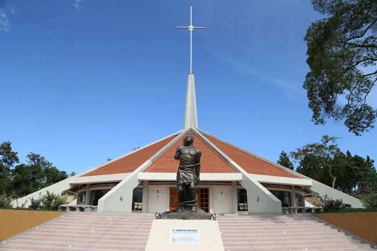 A photograph of the Munyonyo Martyrs' Shrine located in Kampala, Uganda.