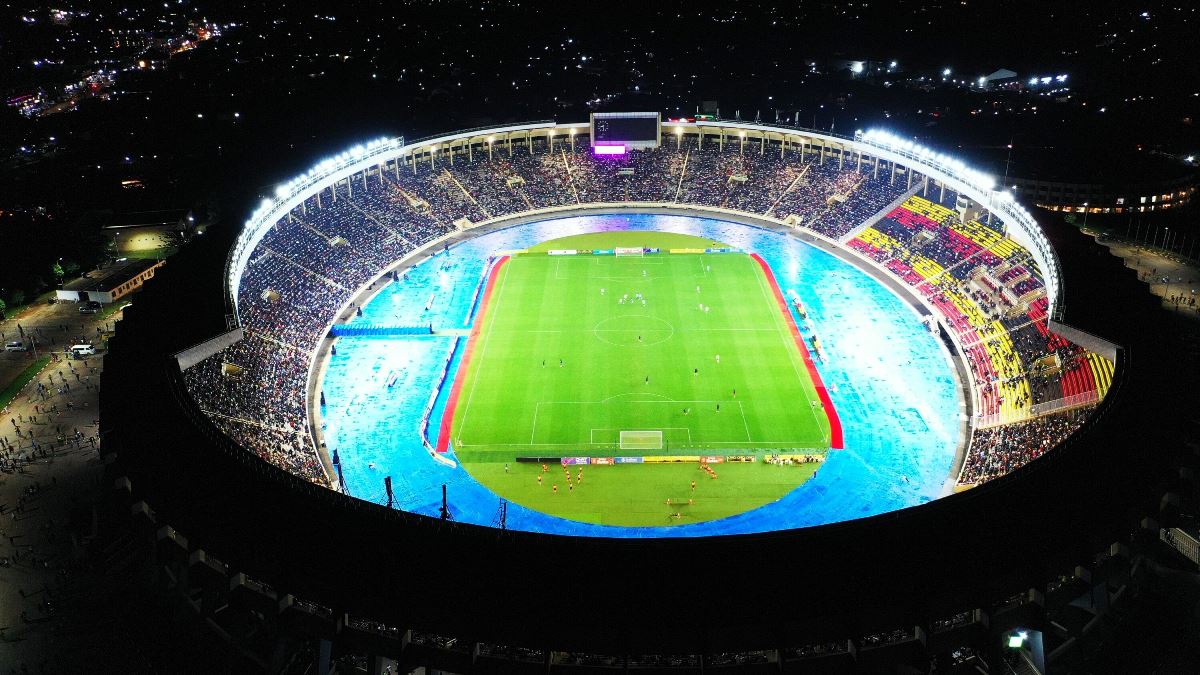 A photograph taken during a football match in Mandela National Stadium on Namboole Hill in Kira, Uganda.