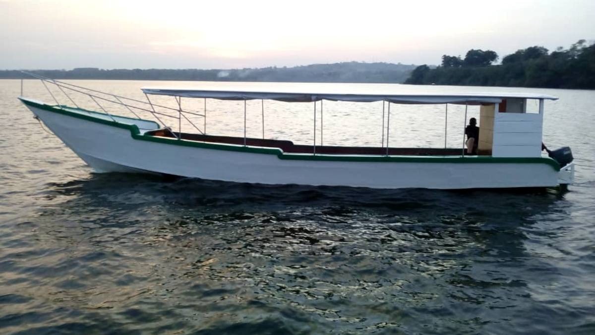 A photograph of the boat used to transport tourists during the Source of the Nile tour in Jinja, Eastern Uganda.