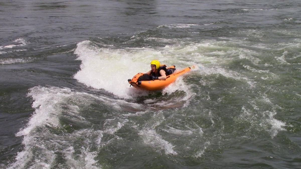 A photograph of a tourist taken during a river bugging tour in Jinja in Eastern Uganda.