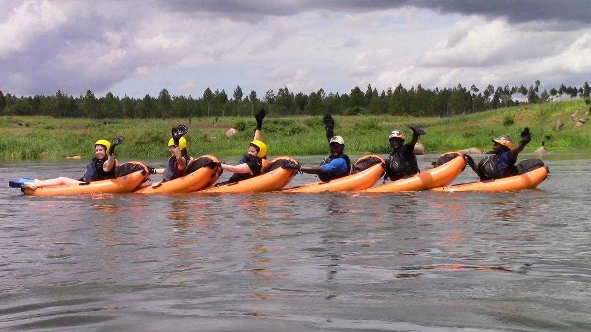 A photograph of a tourist taken during a river bugging tour in Jinja in Eastern Uganda.