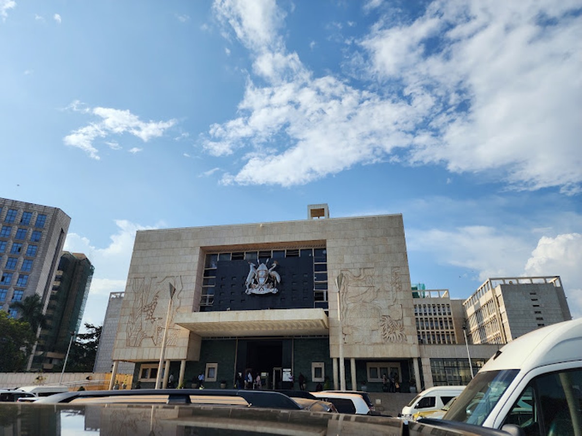 A photograph of the Parliament Building in Kampala, Uganda