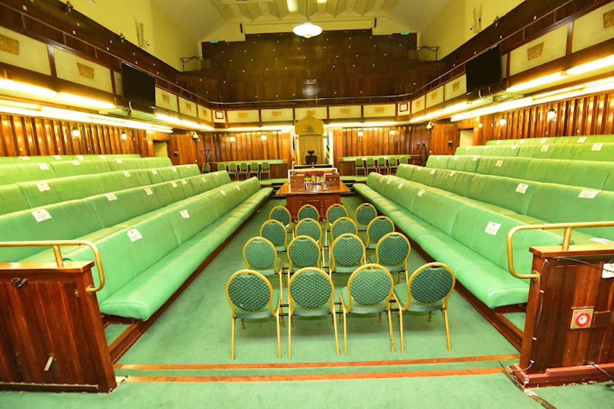 A photograph showing the interior of the Parliament Building in Kampala, Uganda