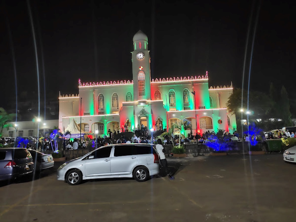 A photograph of the Aga Khan Mosque in Kampala, Uganda