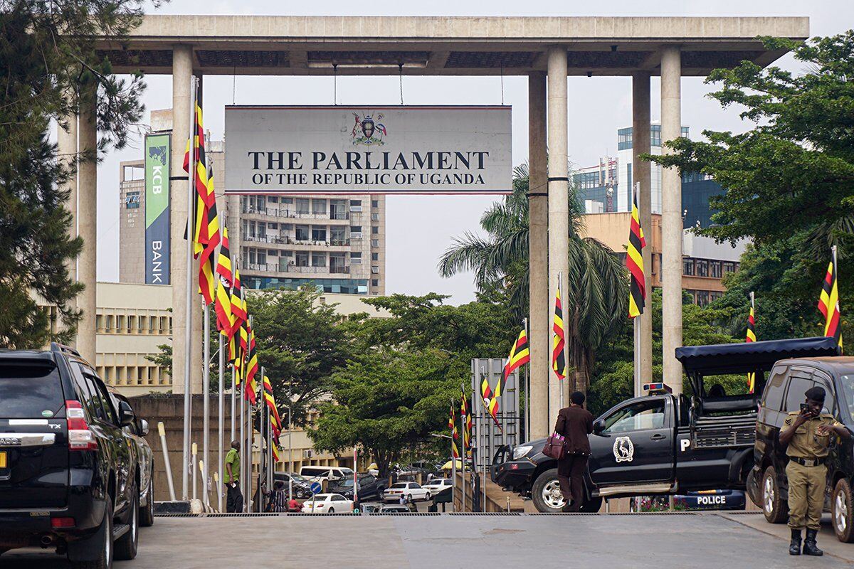 A photograph of the entrance to the Parliament Building in Kampala, Uganda