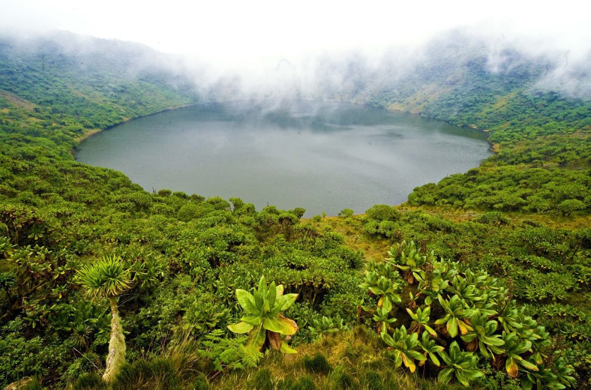 Photograph of a crater lake taken during a hiking tour in Volcanoes National Park in Rwanda.