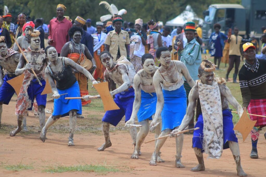 A photograph of some of the members of the Ateker Communities showcasing their traditional dance during the Ateker Reunion Festival in Soroti, Uganda