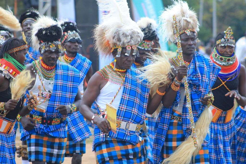 A photograph of some of the members of the Ateker Communities showcasing their traditional dance during the Ateker Reunion Festival in Soroti, Uganda.