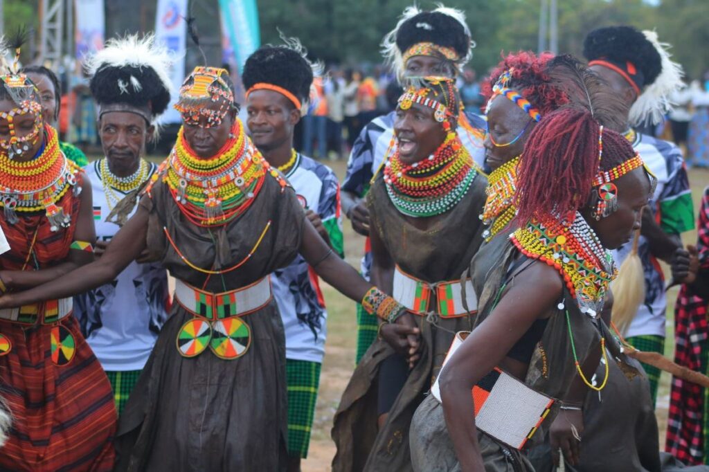 A photograph of some of the members of the Ateker Communities showcasing their traditional dance during the Ateker Reunion Festival in Soroti, Uganda.