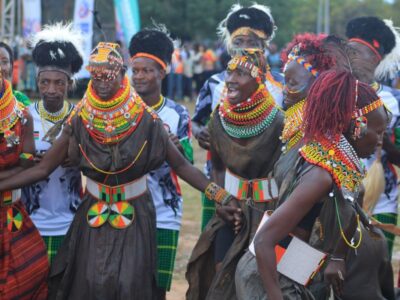 A photograph of some of the members of the Ateker Communities showcasing their traditional dance during the Ateker Reunion Festival in Soroti, Uganda.