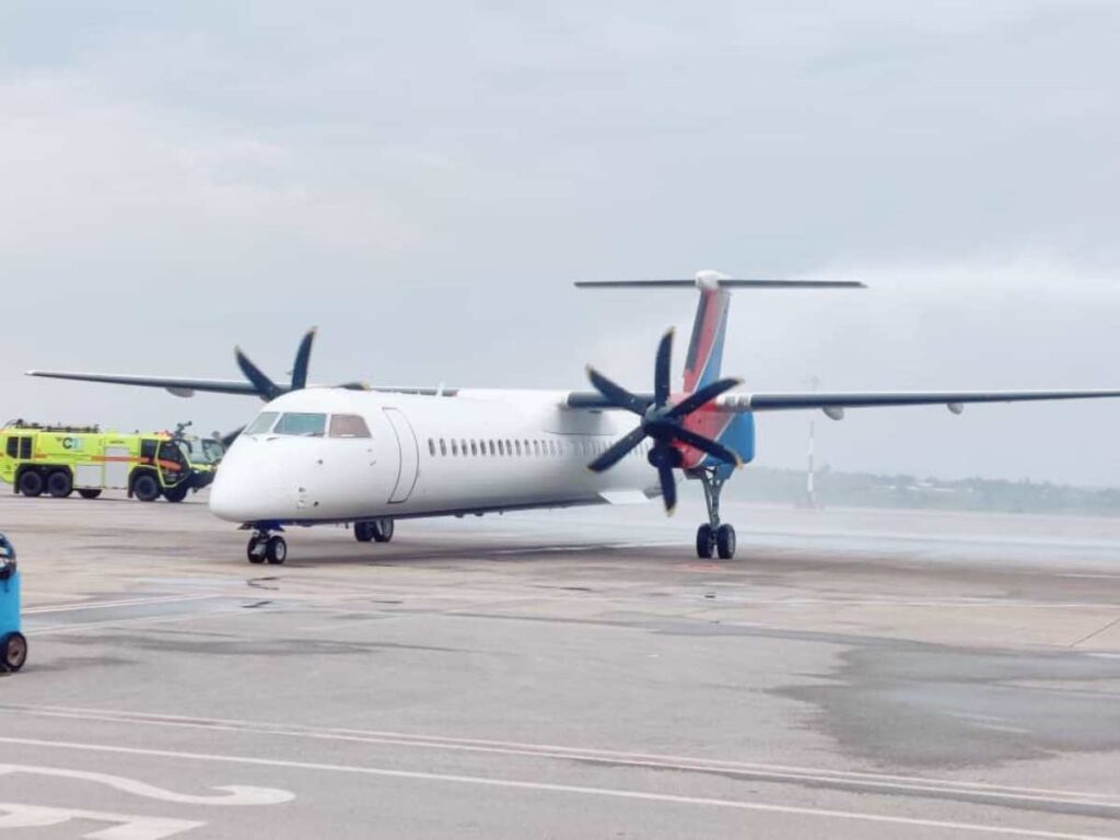 Photograph of the Kush Air Limited’s Das 8 Q 400 aircraft taken during the launch of the Juba - Entebbe service