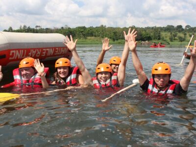 Photograph taken during preparation for a White Water Rafting adventure on the Nile River in Jinja, Uganda