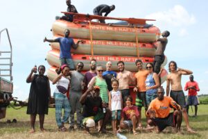 Photograph taken during preparation for a White Water Rafting adventure on the Nile River in Jinja, Uganda