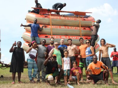 Photograph taken during preparation for a White Water Rafting adventure on the Nile River in Jinja, Uganda