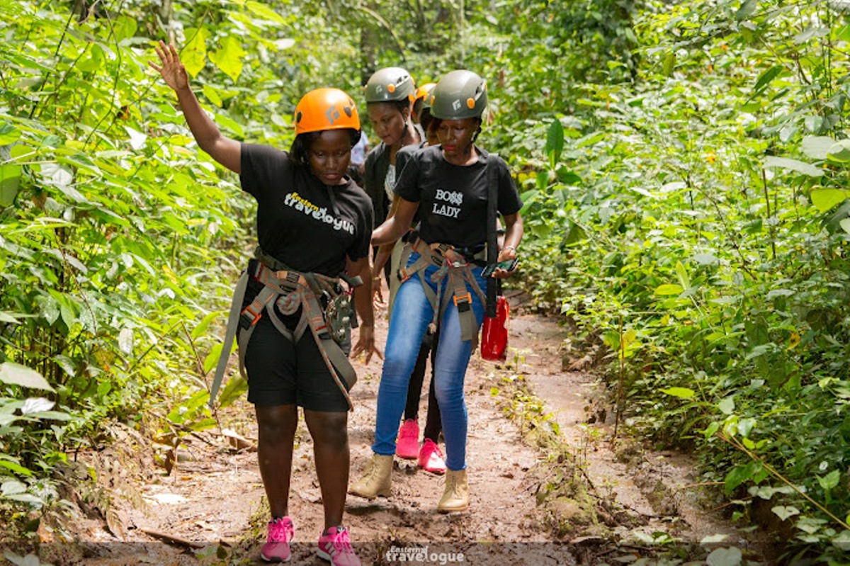 Photograph of tourists taken during a tour to the Griffin Falls Camp in Mabira Forest in Lugazi, Uganda