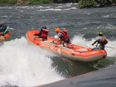 Photograph taken during preparation for a White Water Rafting adventure on the Nile River in Jinja, Uganda