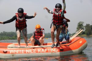 Photograph taken during preparation for a White Water Rafting adventure on the Nile River in Jinja, Uganda