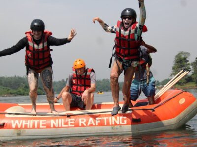 Photograph taken during preparation for a White Water Rafting adventure on the Nile River in Jinja, Uganda