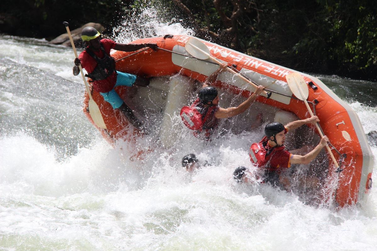 Photograph taken during preparation for a White Water Rafting adventure on the Nile River in Jinja, Uganda