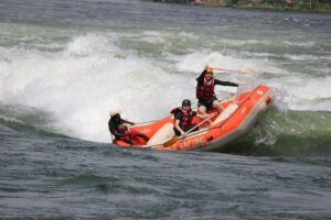 Photograph taken during preparation for a White Water Rafting adventure on the Nile River in Jinja, Uganda