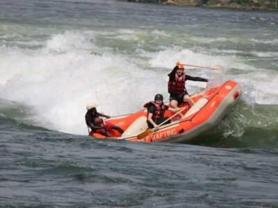 Photograph taken during preparation for a White Water Rafting adventure on the Nile River in Jinja, Uganda