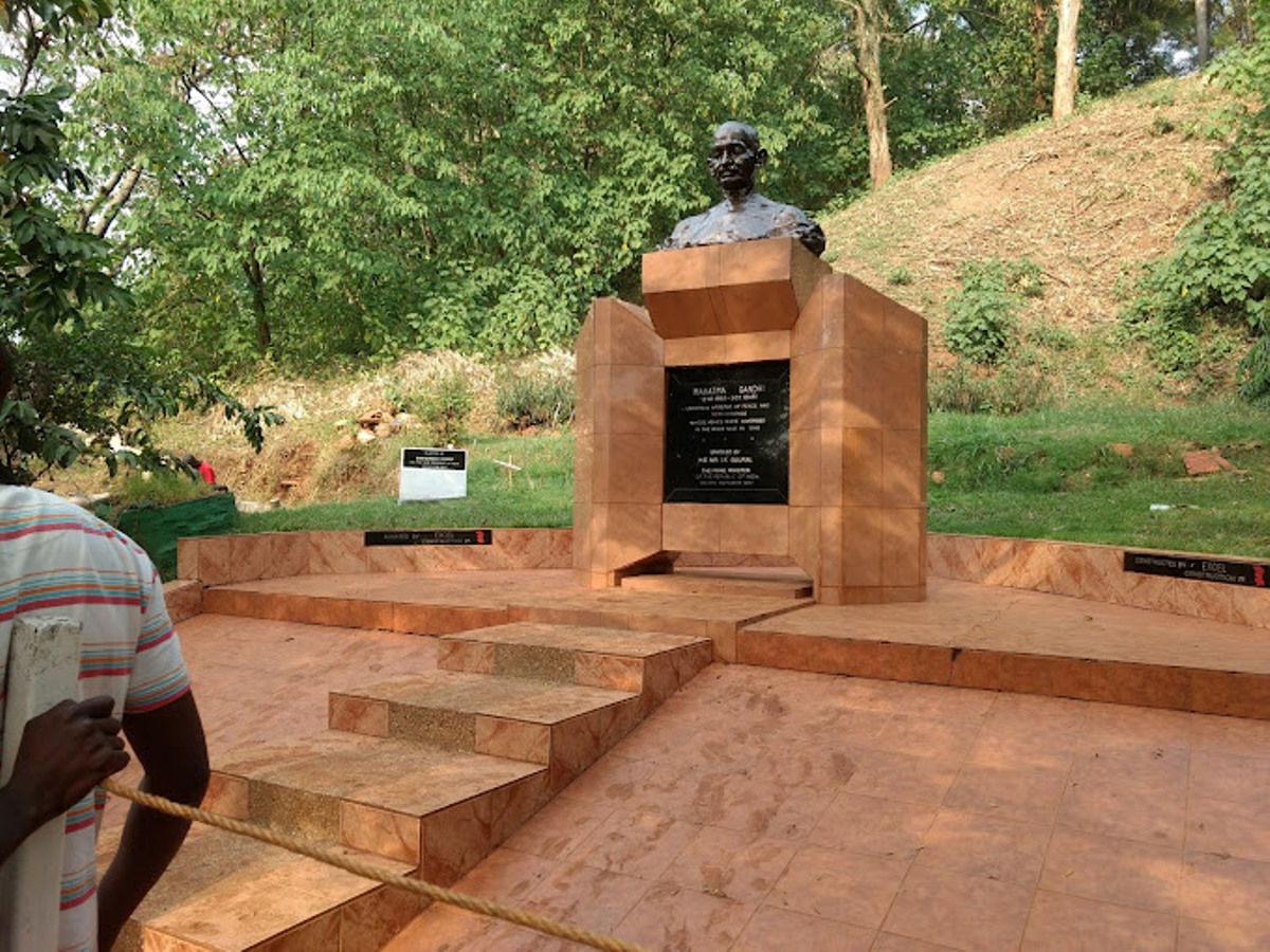 Photograph of the Mahatma Gandhi Monument taken during a Source of the Nile tour in Jinja, Uganda