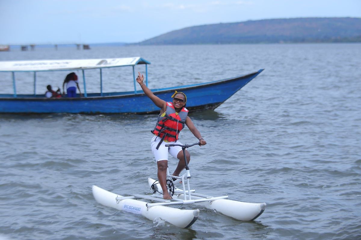 Photograph of a tourist on a water bike taken during a water biking adventure tour in Jinja, Eastern Uganda