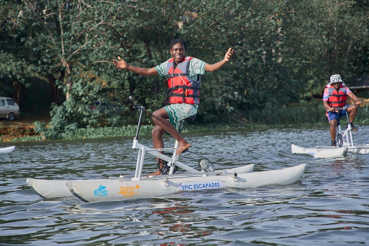 Photograph of a tourist on a water bike taken during a water biking adventure tour in Jinja, Eastern Uganda