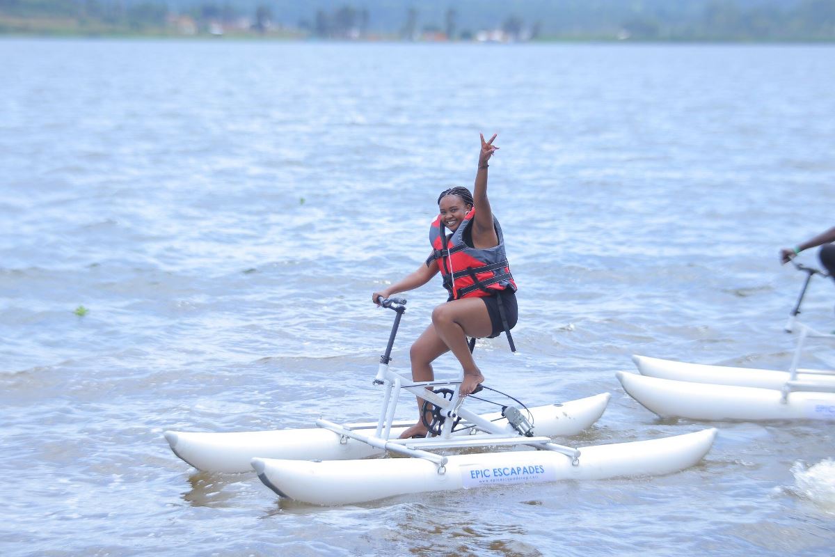 Photograph of a tourist on a water bike taken during a water biking adventure tour in Jinja, Eastern Uganda