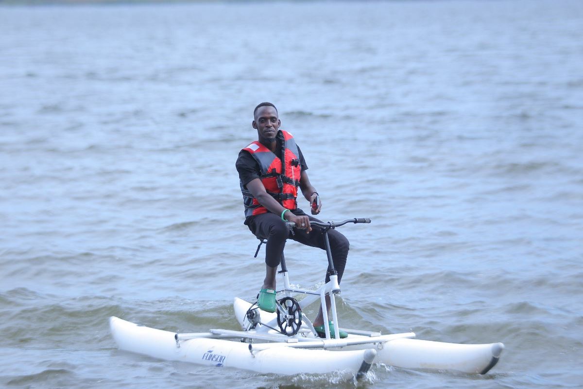 Photograph of a tourist on a water bike taken during a water biking adventure tour in Jinja, Eastern Uganda