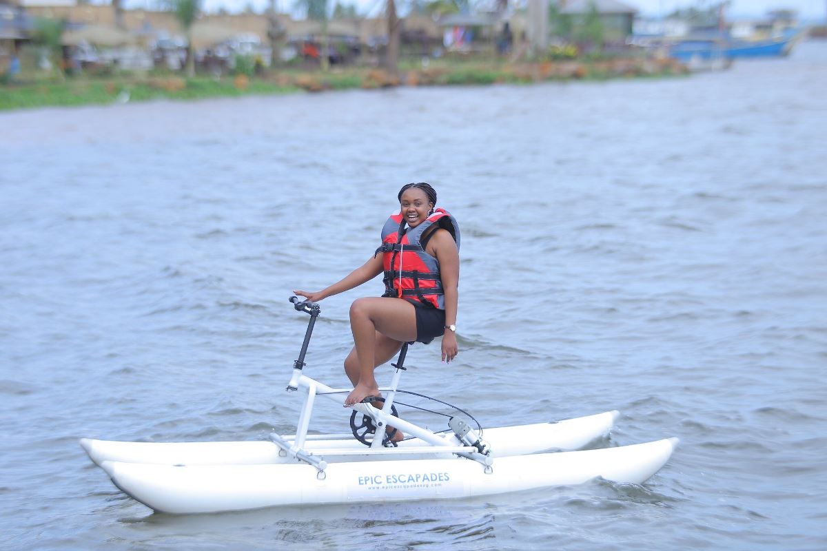 Photograph of a tourist on a water bike taken during a water biking adventure tour in Jinja, Eastern Uganda