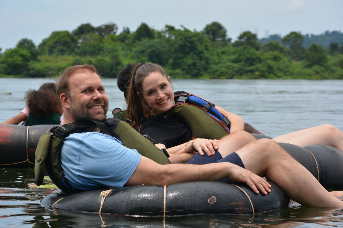 Photograph of tourists taken during a water tubing tour in Jinja, Eastern Uganda