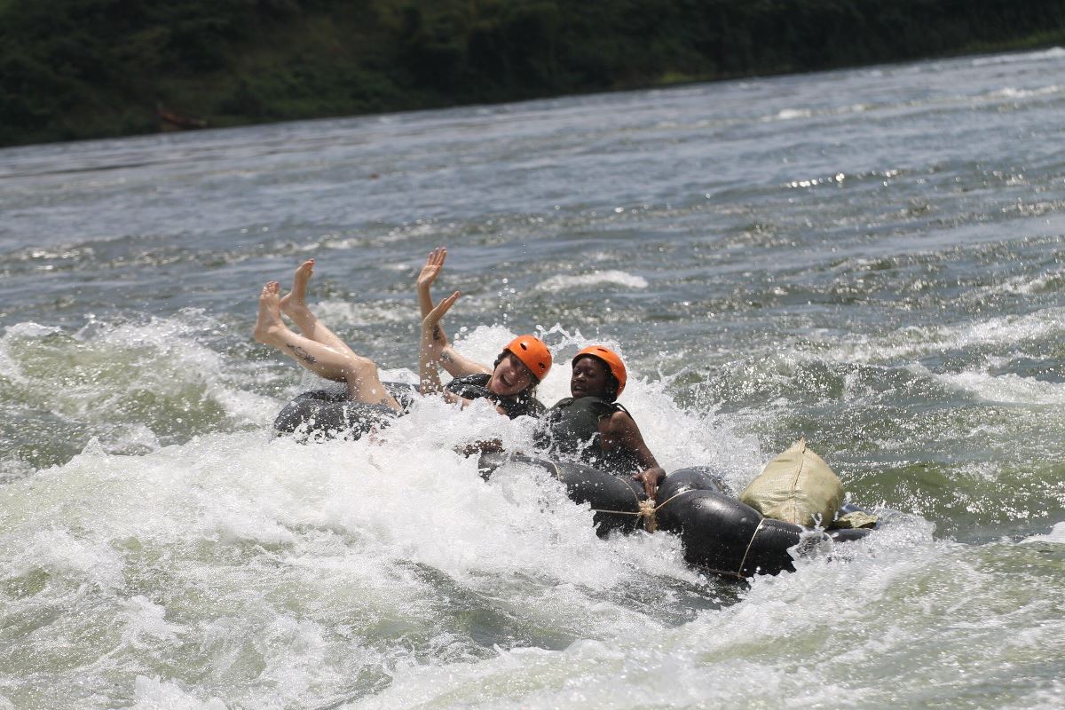 Photograph of tourists taken during a water tubing tour in Jinja, Eastern Uganda