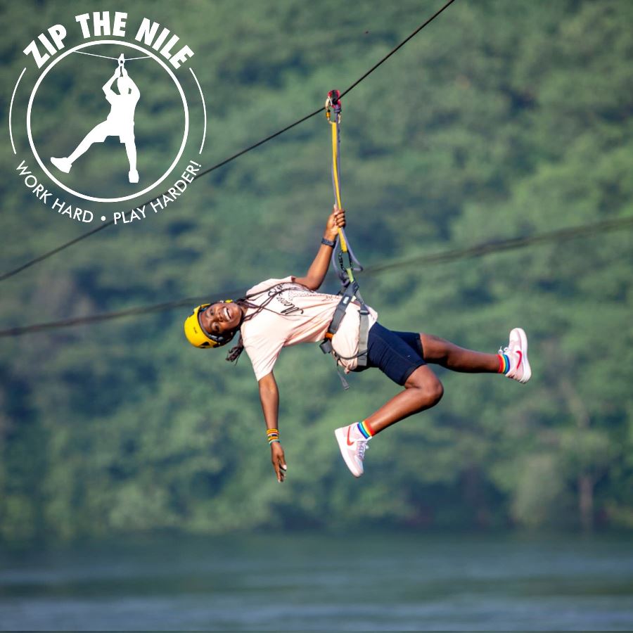 Photograph of a tourist enjoying the ziplining tour over the Nile River in Jinja, Uganda