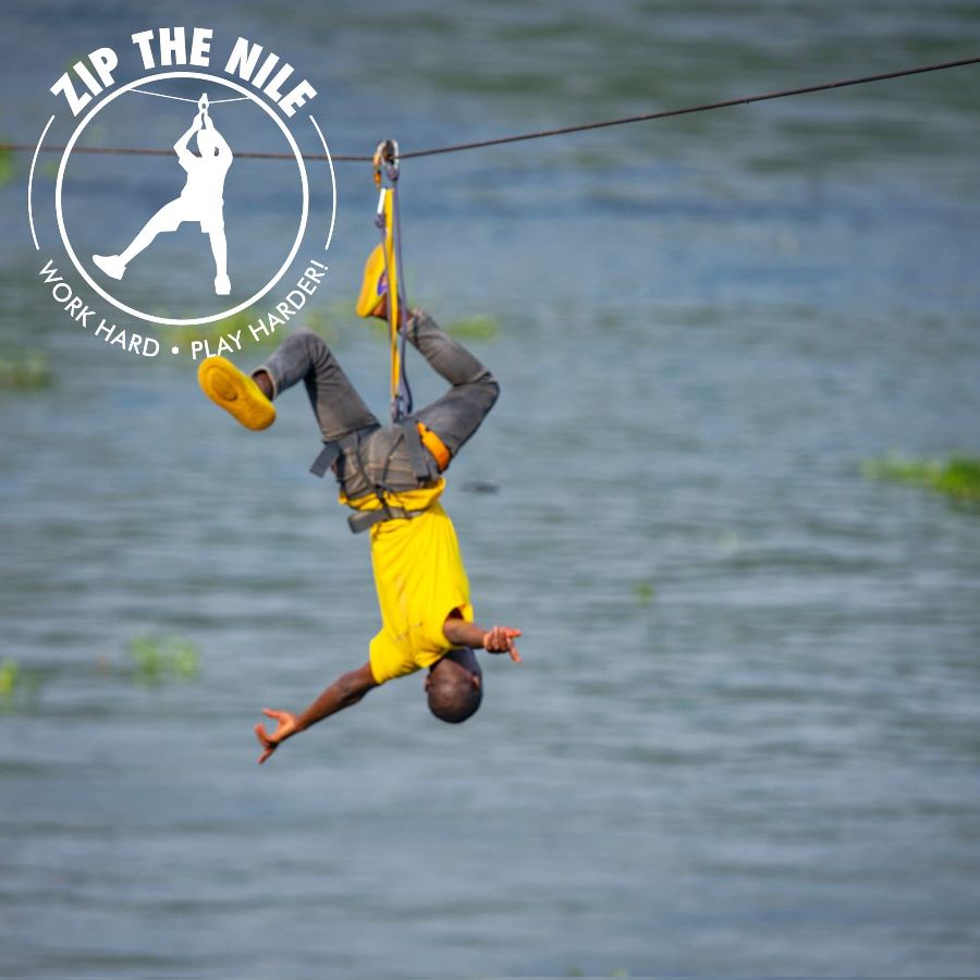 Photograph of a tourist enjoying the ziplining tour over the Nile River in Jinja, Uganda