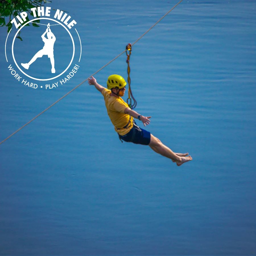 Photograph of a tourist enjoying the ziplining tour over the Nile River in Jinja, Uganda