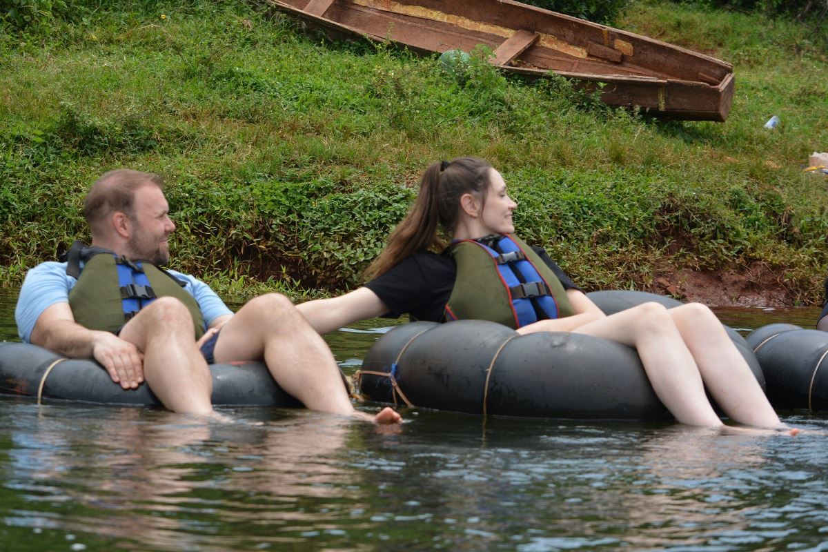 Photograph of tourists taken during a water tubing tour in Jinja, Eastern Uganda