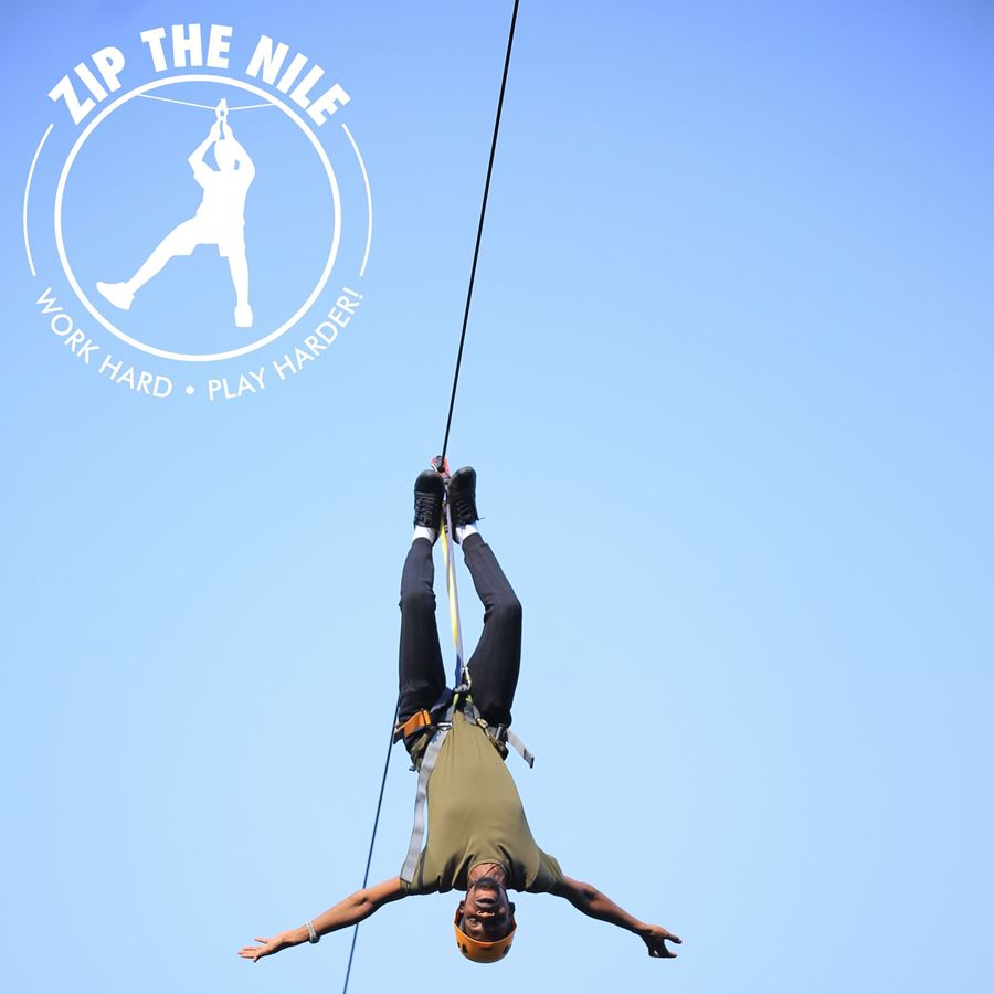 Photograph of a tourist enjoying the ziplining tour over the Nile River in Jinja, Uganda