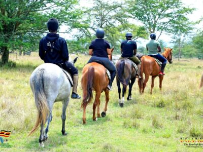 Photograph of tourists taken during a horseback riding tour in Jinja, Eastern Uganda