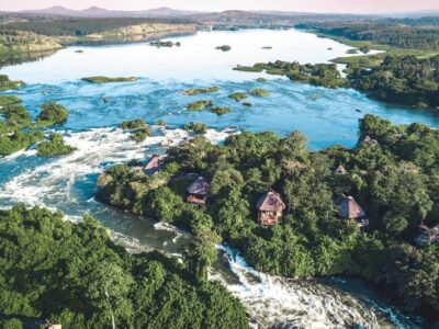 Photograph showing the aerial view of the Source of the Nile Gardens in Jinja, Eastern Uganda