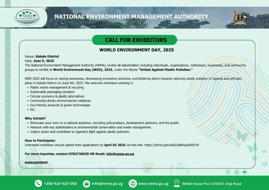 National Environment Management Authority in Uganda calls for exhibitors in preparation for the World Environment Day