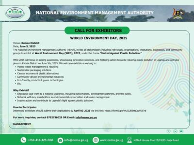 National Environment Management Authority in Uganda calls for exhibitors in preparation for the World Environment Day