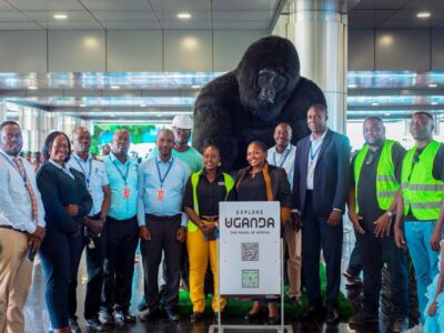 Uganda Tourism Board installed two gorilla sculptures at Entebbe International Airport, one at Arrivals and another at Departures Uganda Tourism Board installed two gorilla sculptures at Entebbe International Airport, one at Arrivals and another at Departures