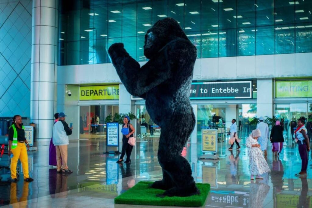 Uganda Tourism Board installed two gorilla sculptures at Entebbe International Airport, one at Arrivals and another at Departures