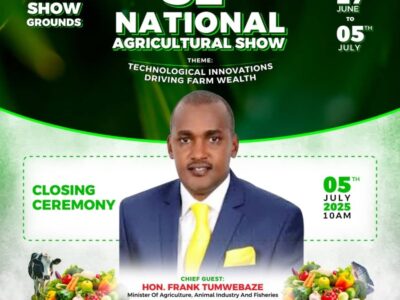 The 31st National Agricultural Show is set to take place at the Jinja Show Grounds, (85 km East of Uganda Capital - Kampala) from June 27 to July 5, 2025 The 31st National Agricultural Show is set to take place at the Jinja Show Grounds, (85 km East of Uganda Capital - Kampala) from June 27 to July 5, 2025