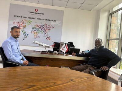 Photograph of Amos Wekesa, the founder of Great Lakes Safaris Limited and Ali Ozdemir, the country manager and sales representative at Turkish Airlines in Uganda Photograph of Amos Wekesa, the founder of Great Lakes Safaris Limited and Ali Ozdemir, the country manager and sales representative at Turkish Airlines in Uganda