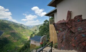Photograph showing the exterior of the Emirambi Safari Lodge which recently opened in Rushaga Bwindi Impenetrable Forest