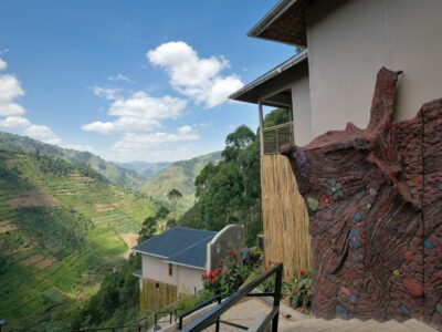 Photograph showing the exterior of the Emirambi Safari Lodge which recently opened in Rushaga Bwindi Impenetrable Forest