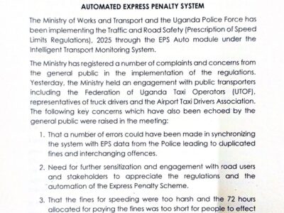 The Ministry of Works and Transport in Uganda has announced the temporary suspension of the Express Penalty System (EPS Auto) from June 12th, 2025, to July 12th, 2025