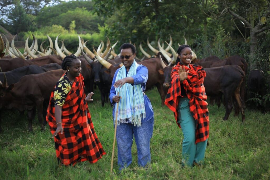 Photograph of visitors taken at the Nshenyi cultural village in Ntungamo, Uganda during the long-horned cattle experience